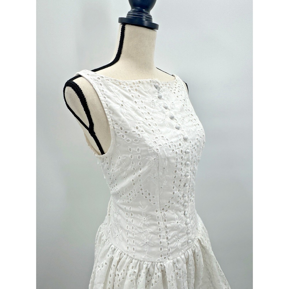 Eyelet Lace Drop Waist Mini Dress Large Open Back Button Front High Neck Cottage - Picture 2 of 11